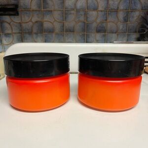 2 VINTAGE FIRE KING ORANGE/RED OMBRÉ FLAME CANISTERS W/ BLACK SCREW LID